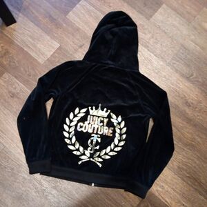 Juicy Couture Black Velour Jacket Sz M Full Zip Embellished Sparkle Gold Crown